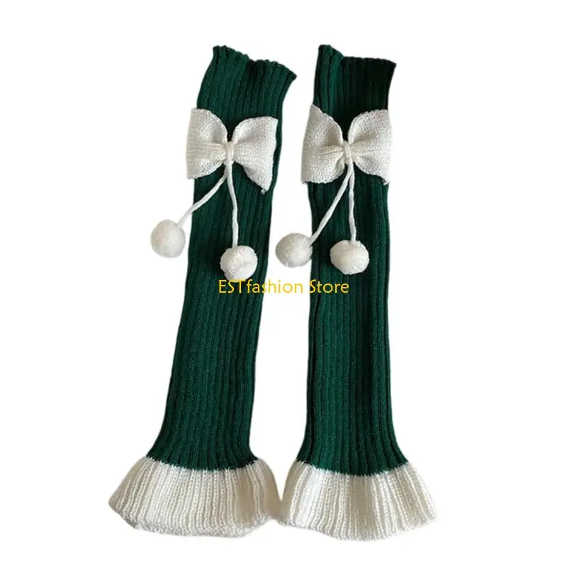 

Y5GC Soft Acrylic Anime Bows Ball Leg Warmers Elastic Stacked Socks for Women Leg Sleeve Socks Winter Fashion Accessories