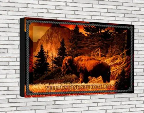 Yellowstone Nat'l Park Buffalo Travel Poster, Canvas Wrap Framed, Metal Tin Sign