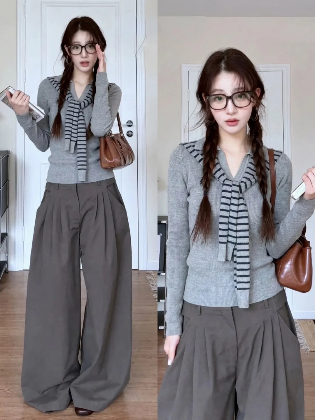 Slim Fit  Neck Knitted Sweater Women's Autumn Fashion Striped Shoulder Wrap Long Sleeve Soft Comfortable Korean Style Top