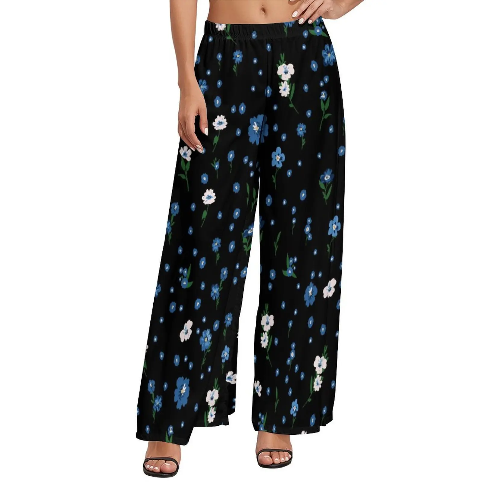 

Blue White Daisies Pants Cute Flowers Sexy Wide Pants Female Oversized Streetwear Graphic Straight Trousers