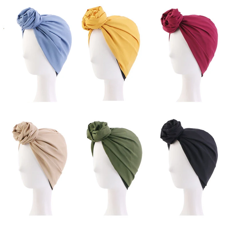 

New Women Muslim Turban Hat Solid Top Knot Flower Decor Headwrap Ladies Hair Cover Bonnet Beanie Headscarf Chemo Cap Bandanas