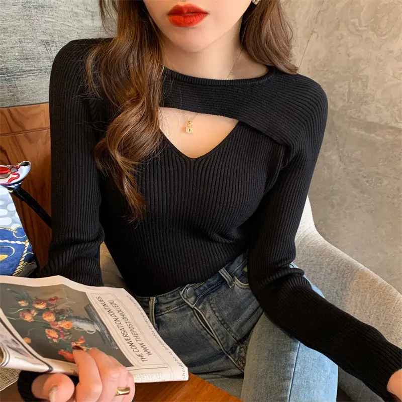 2024 Spring Autumn Women\'s Trendy Sexy Hollow Out Chic Basic Knitwear Female Solid Long Sleeve Slim Pullover Tops Casual Jumpers