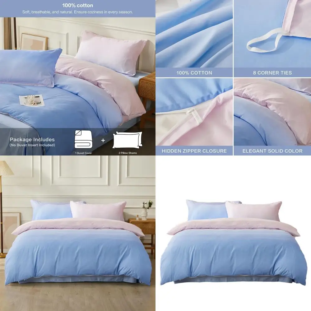 Blue and Pink Gradient Queen Duvet Cover Set with 8 Ties, Reversible, Zippered Microfiber