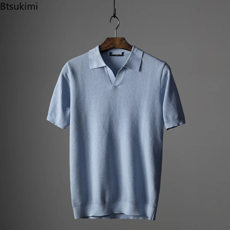 2026 Men's Pineapple Needle Knitted Short Sleeve Shirt Casual Breathable V-Neck T-Shirt for Youth Summer Fashion Standard Fit