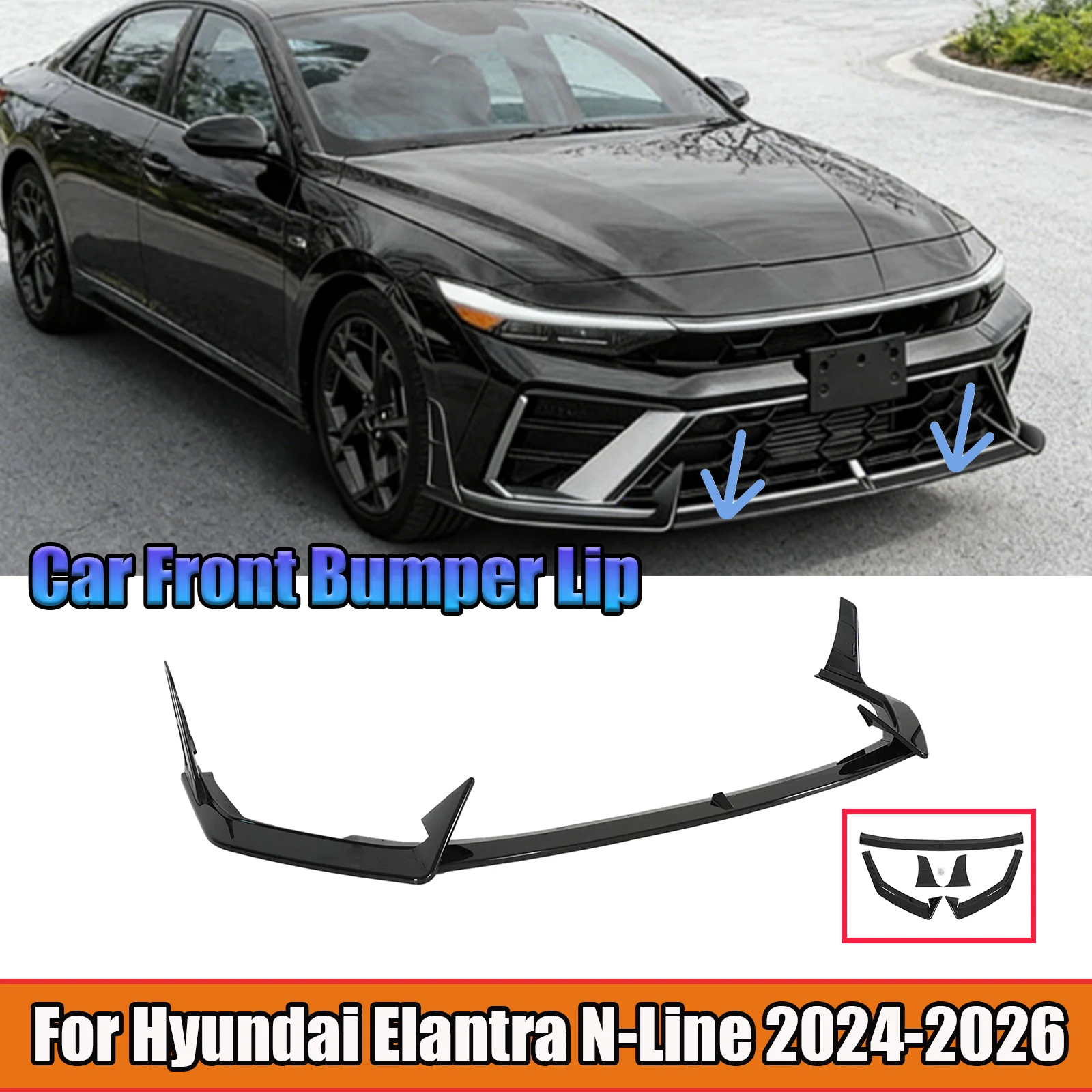 For Hyundai Elantra N-Line 2024 2025 2026 5PCS Car Front Bumper Lip Exterior Accessories Body Kit ABS Plastic Glossy Black