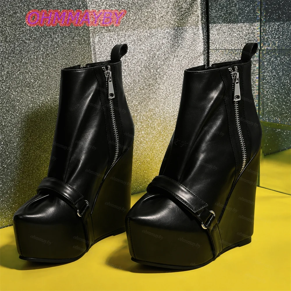 Women Wedge Boots Black Round Toe Platform Side Zipper Strap Detail Ankle Boots Fashion Party Clubwear Casual Streetwear Shoes