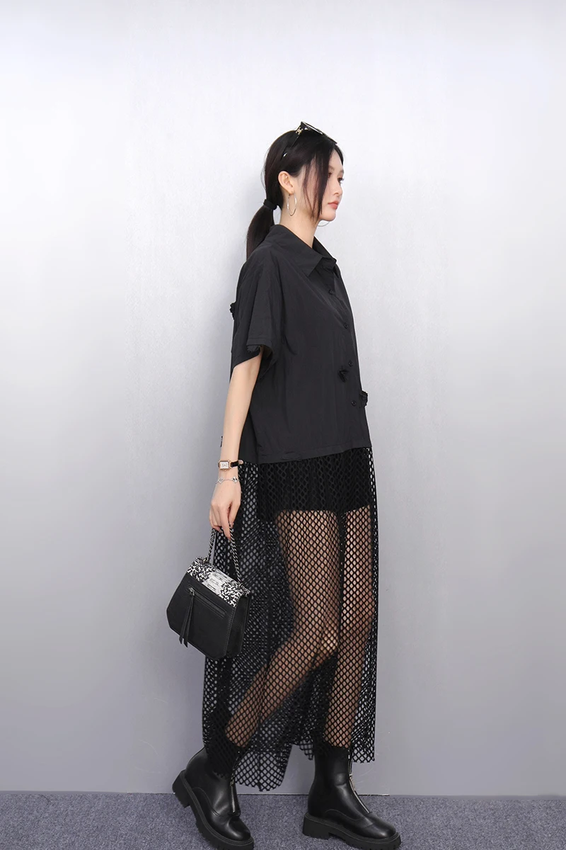 2025 primavera verão moda elegante camisas soltas vestidos longos mulheres retalhos oco vestido senhoras j1097