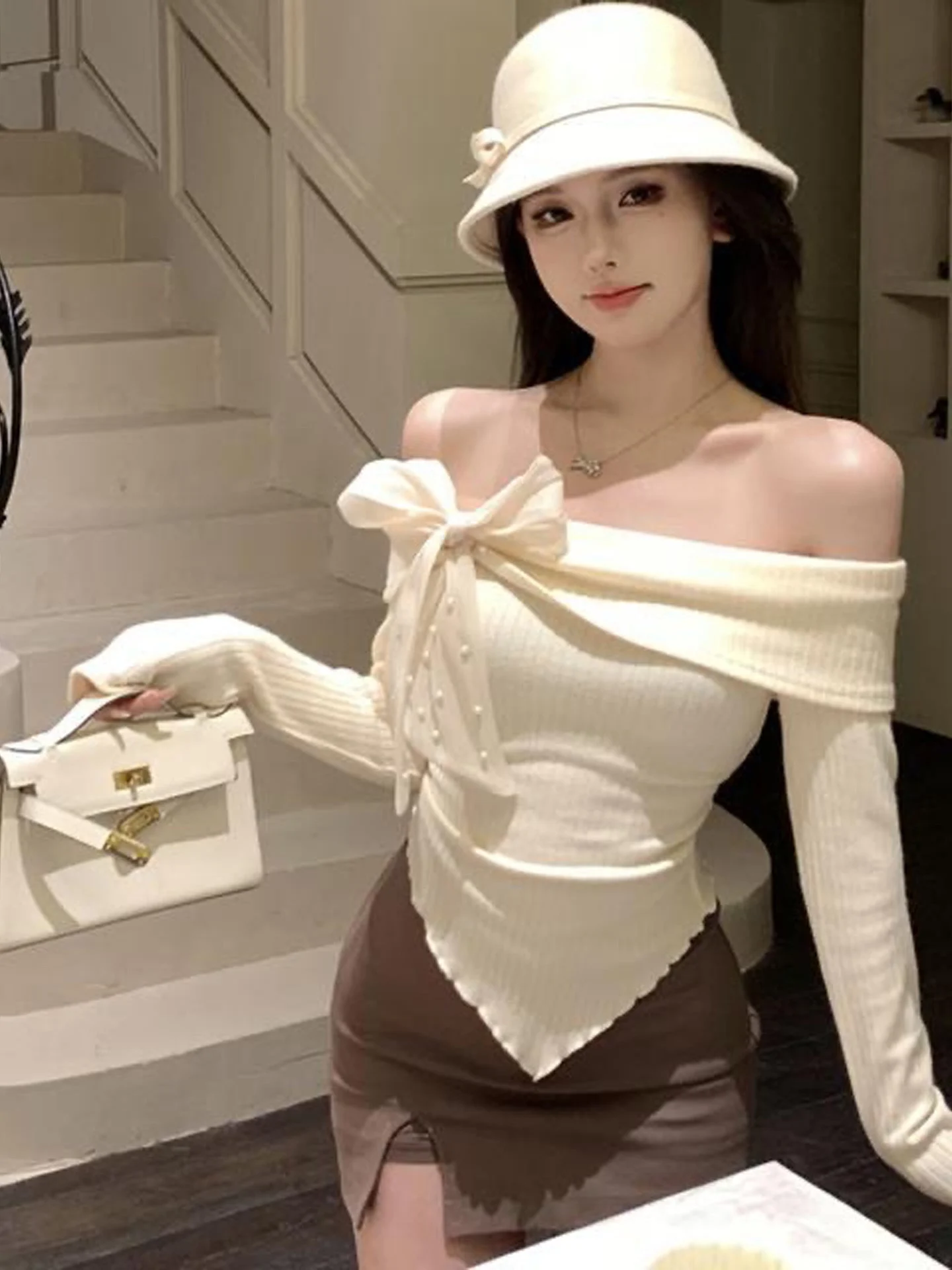 Thickened Cashmere Simulation Long Sleeve Baser Top Women's Fashion  Knot One Shoulder Design Autumn New Style T-shirt