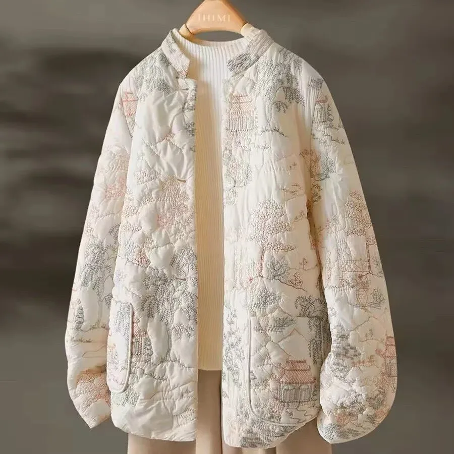 

Хлопковая куртка с вышивкой в китайском стиле, теплая верхняя одежда, женское однобортное стеганое пальто с воротником-стойкой и длинными рукавами