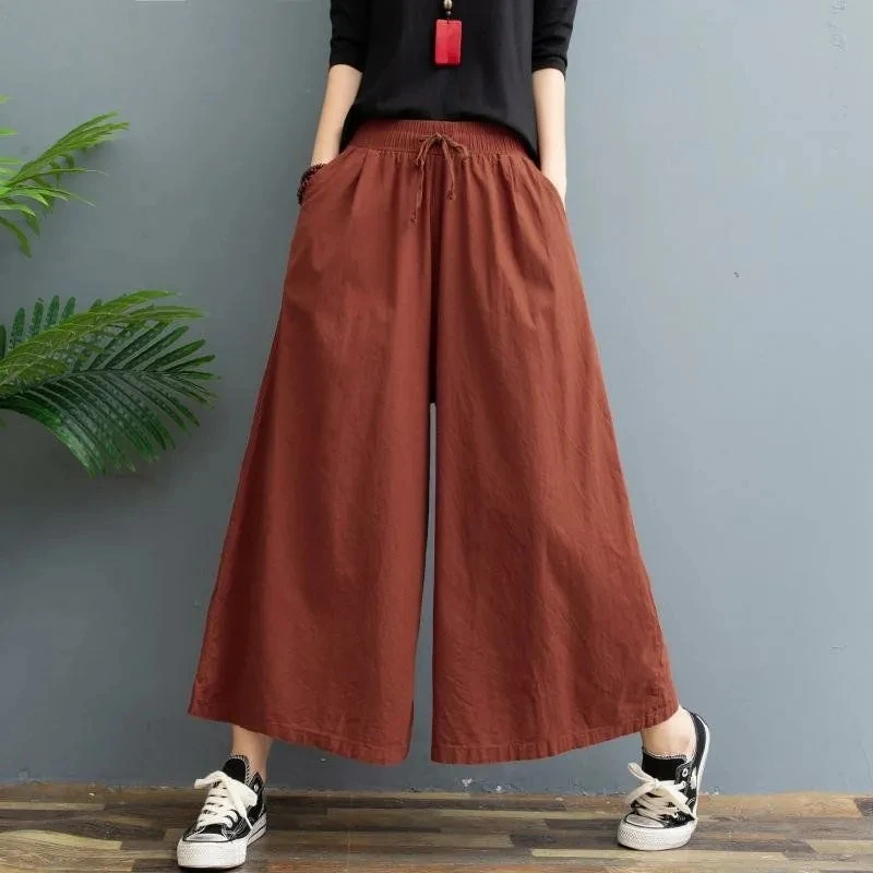 Cotton Linen Casual Women's Wide-Leg Pants Eight-Point Culottes 20223 Summer New Loose High-Waisted Big-Leg Pants Female