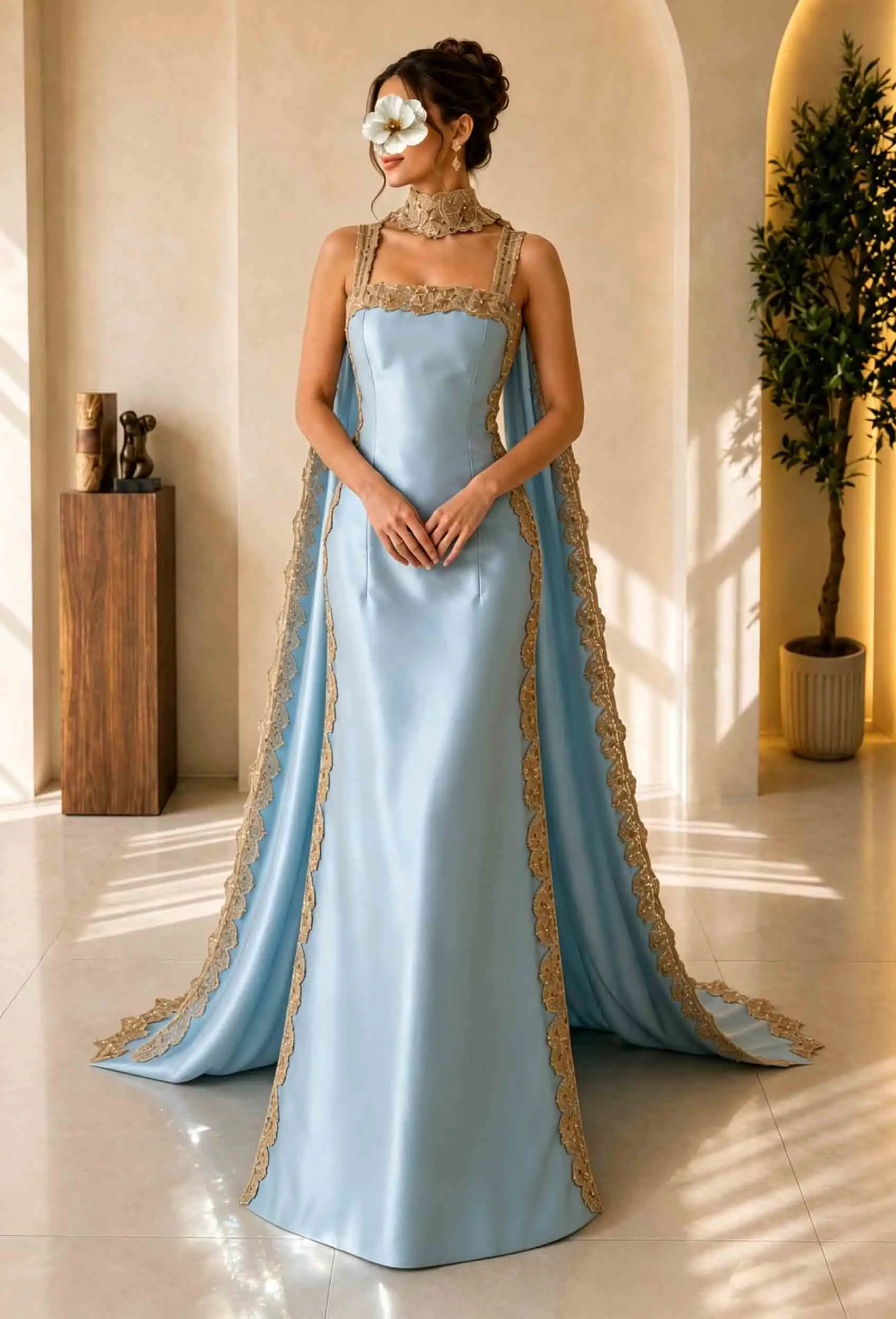 Customized Light Sky Blue Dubai Evening Gown High Neck Gold Lace Trim Satin Mermaid Dress With Long Cape Train Formal Wear
