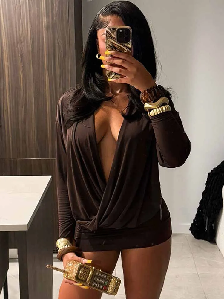 BKQU Sexy Diepe V-hals Jurk Vrouwen Bodycon Perzik Hip Volledige Mouw Herfst Mode Stretch Midnight Party Mini Jurken 2023 Nieuwe