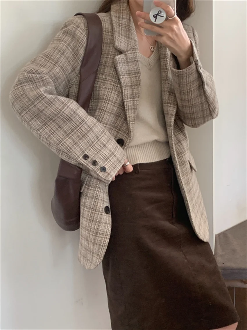 

Alien Kitty Chic Winter Slim Blazers Women Plaid New Daily Work Wear Casual High Street Elegant 2023 Vintage Office Lady Coats