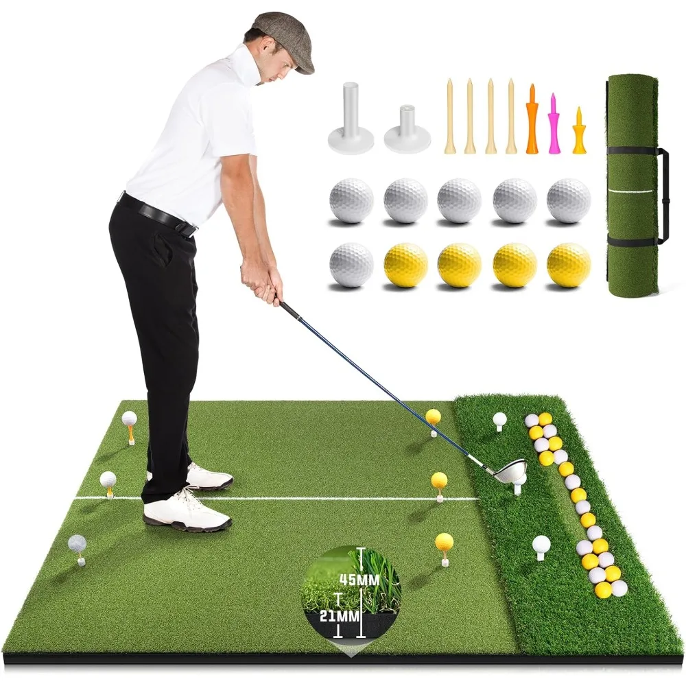 Premium Dual-Turf Golf Mat with Ball Tray, 5x4 FT Golf Hitting Mats Practice Outdoor Indoor Equipment with 10 Golf Balls