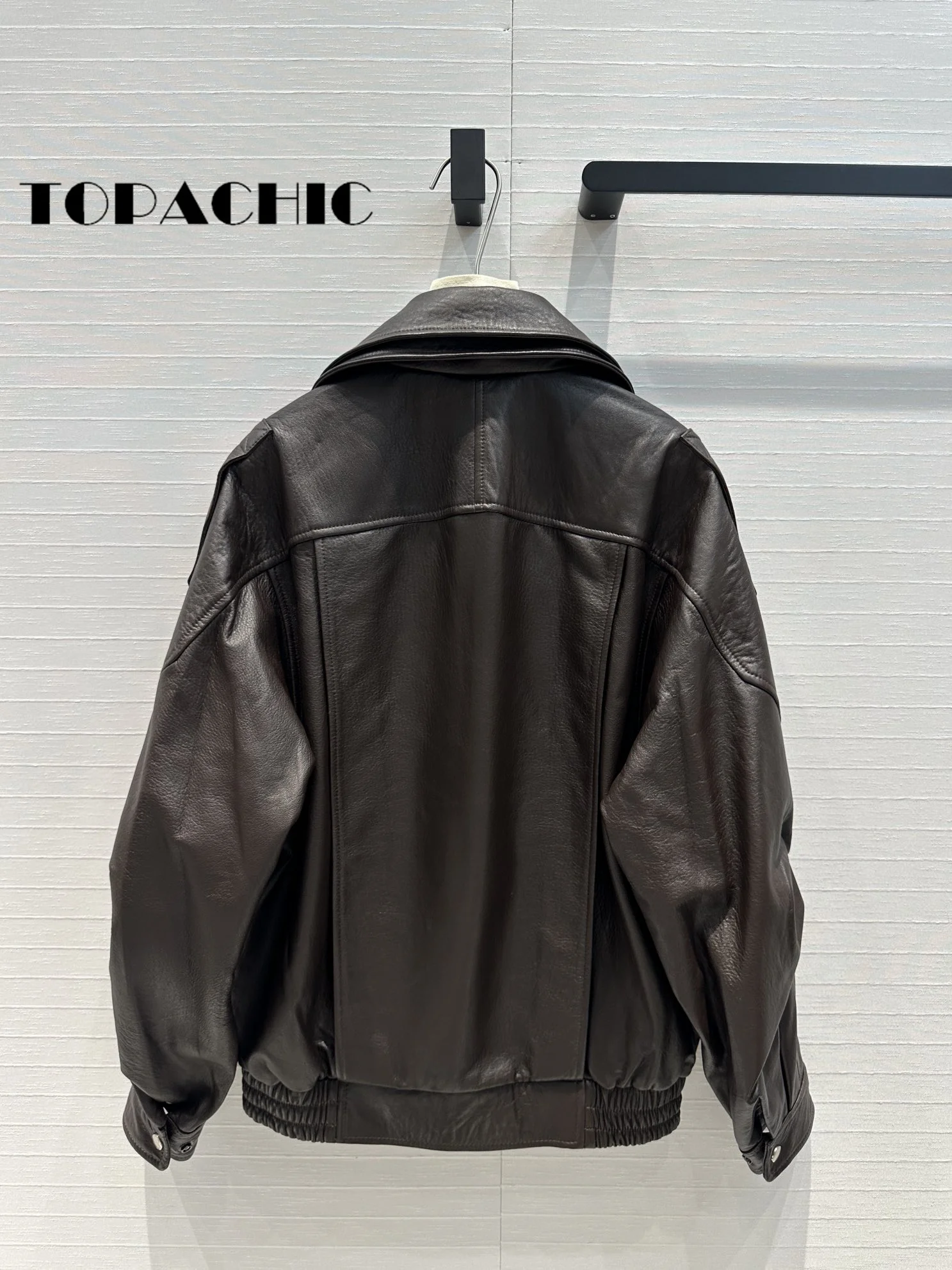 8.14 TOPACHIC-Women Classic Moto Biker Double Lapel Sheepskin Jacket Hem Sashes Elastic Collect Waist Zipper Long Sleeve Coat