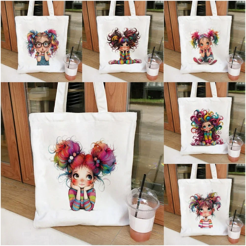 

French Artistic Style Colorful Hair Girl Print Canvas Tote Bag Spacious Tote Bag for Shopping Work School or Travel Eco Friendly