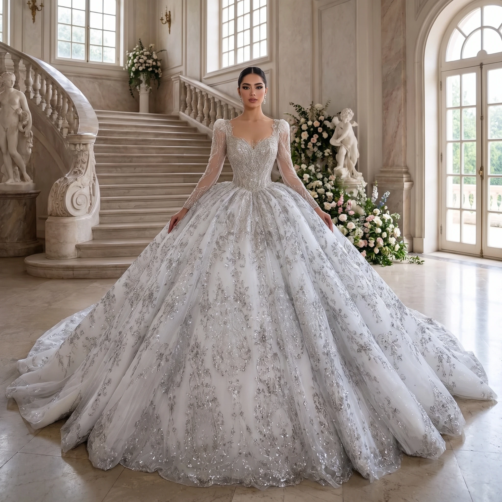 Customized Ball Gown Glitter Sequined Wedding Dresses Luxury vestidos de novia boda Back Long Sleeve O-Neck Princess Dress