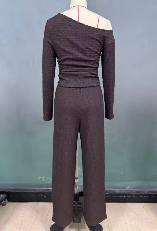 Conjunto de duas peças roupa feminina 2025 primavera outono nova cor sólida gola inclinada magro manga comprida camiseta & calças perna reta conjunto