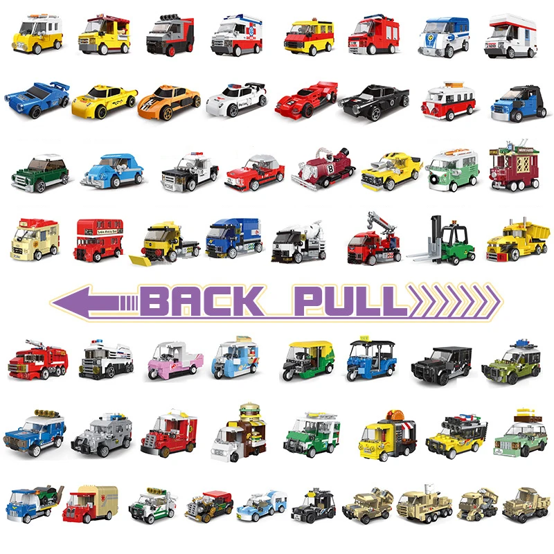 Pull Back Model Car Building Block Fire Truck City Racing Engineering Military Ambulance Cars Police Taxi Bus Tank Mini Vehicle