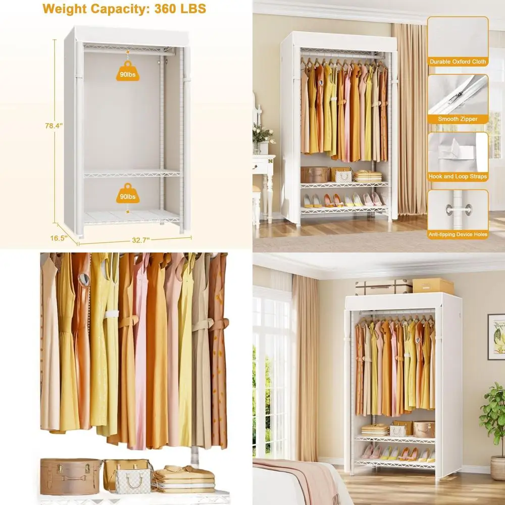 

Portable Heavy-Duty White Clothes Rack with Cover and Shelves, Holds up to 360lbs