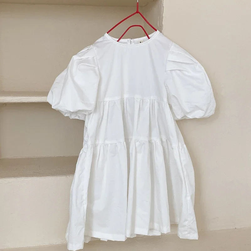 Europe America Style Summer Kids Party Dresses Short Sleeve Cotton Solid Color Baby Girls Princess Dress Children Clothing