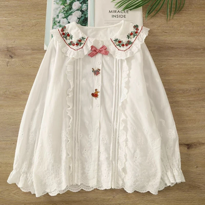 

Японские милые блузки в стиле лолита для женщин: нежные кружевные топы с цветочной вышивкой, воротником Питер Пэн и длинными рукавами в стиле Y2K