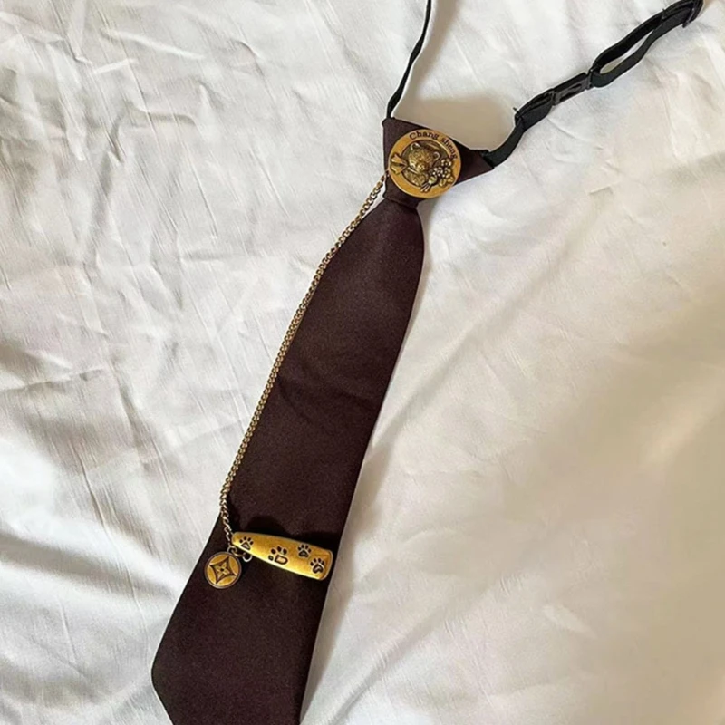 Antique Metal Little Bear Badge Pin Decors Adjustable Pre Tied Tie for Women Teen Girl Cosplay Party Accessories Uniform Necktie - Image 2