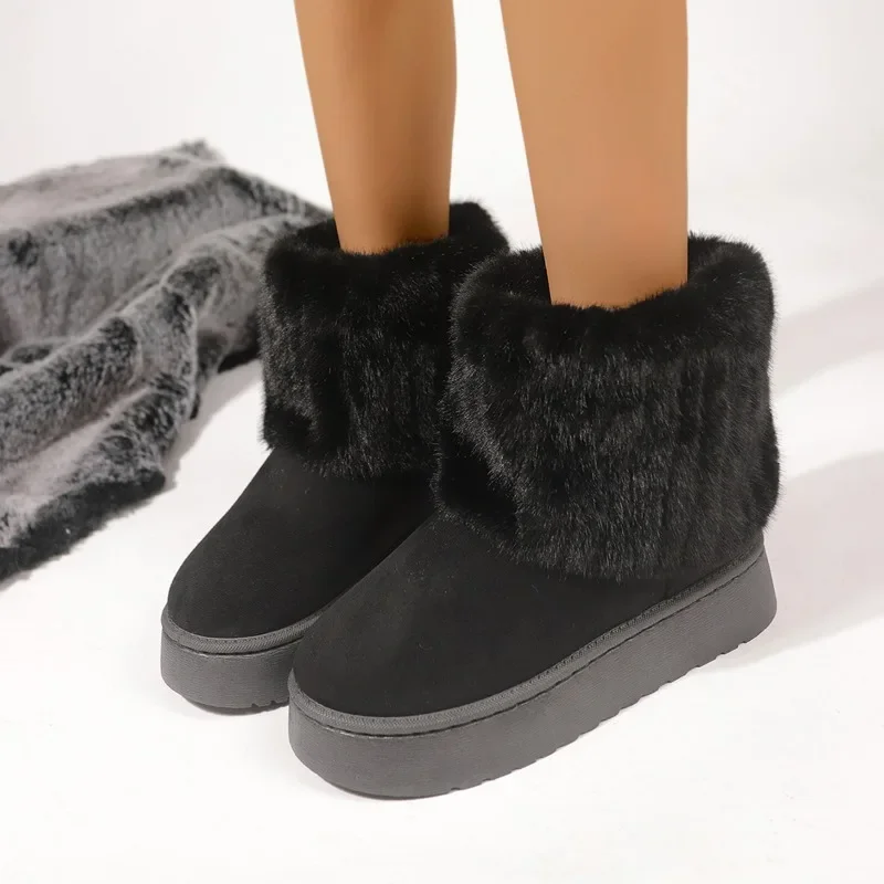 Shoes for Women Winter Slip on Women\'s Boots Black Round Toe Solid Flock Plush Warm Mid Heel Water Proof Casual Snow Boots Women