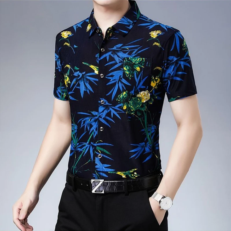 Men's Short Sleeve Floral Shirt for Summer Ice Silk Fabric Slim Fit Breathable Quick Dry Wrinkle Free Square Neck