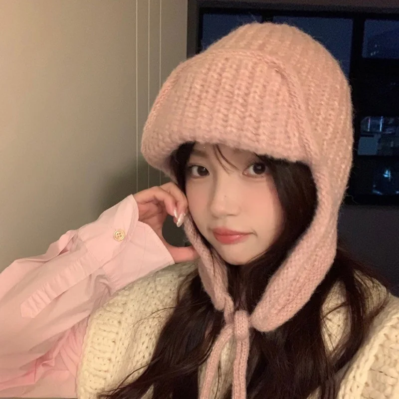 Women Winter Ear Flap Hat RidingCold Warm Face Small Head Knit CapExtended Ear Protector OutdoorWindproof Headwear