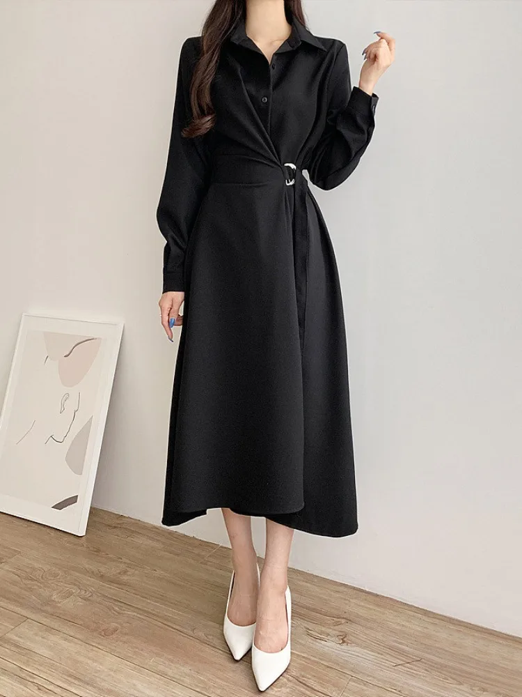 Chic automne couleur Pure longue Sve Midi Dr côté cravate taille manchette bouton unique Dr pour les jeunes femmes en chine