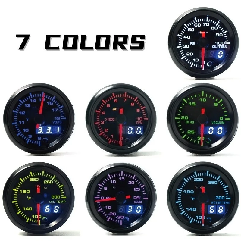 52Mm 2 Inch 7 Color Car Gauge Water Temp RPM Turbo Pressure Pointer Display Modification Instrument
