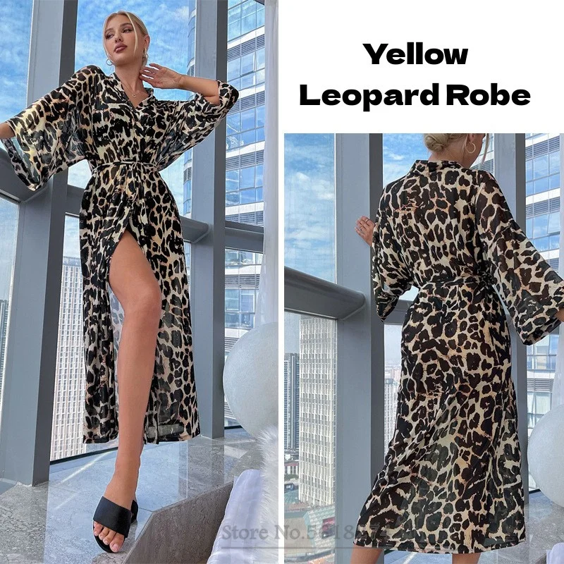 Roupão longo de quimono leopardo feminino, loungewear sexy, camisola, vestido de vestir de casa com cinto, pijamas de cetim