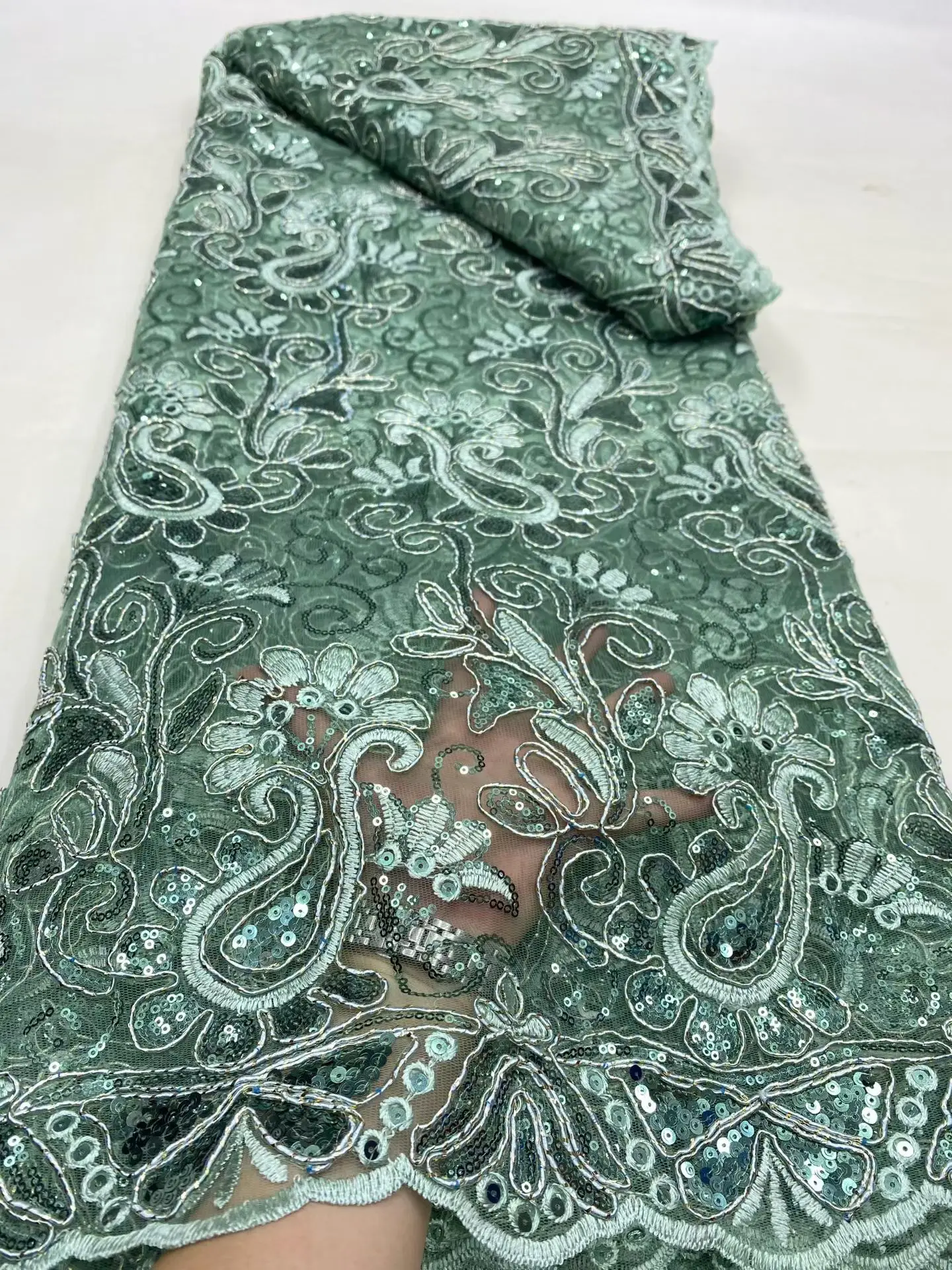 

5 Yards African Mesh Lace Sequin Fabric,For Sewing,Clothes,Beaded,Tulle,Wedding Dresses,Embroidery,Fabrics By The Meter,Crafts