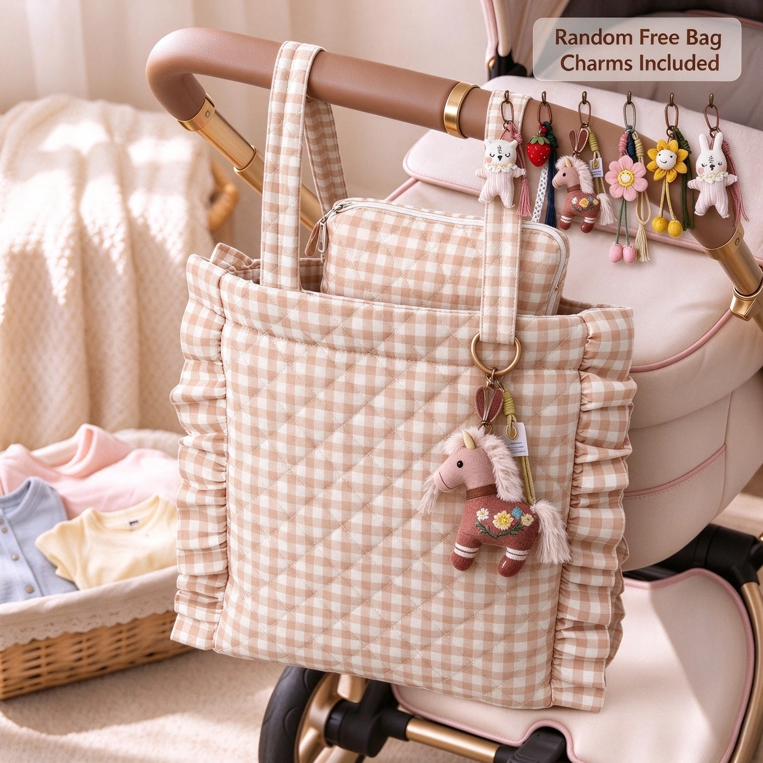Ruffle Plaid 2Pcs Baby Stroller Diaper Tote Mommy Handbag, Pram Storage Bag with Small Pouch & Bonus Random Bag Charm Included