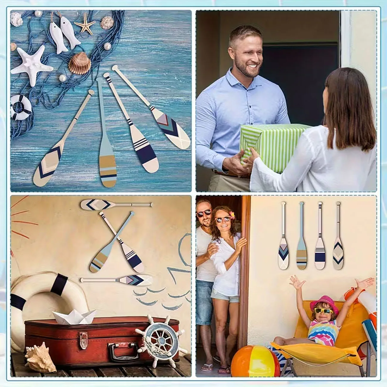 4Pcs Geometric Oar Wooden Wall Decor with Nano Tape, Nautical Coastal Wall Art