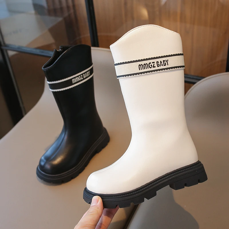 가을/겨울 지퍼 패션 쿨 부츠 아기 여자 따뜻한 사각 굽 둥근 앞코 캐주얼 약간 벨벳 편안한 키즈 블랙 미드 부츠