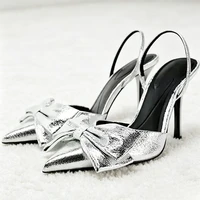 Luxury Silver High Heeled Sandals Women Sexy Pointed Toe Back Strap Thin Heels for Women Elegant Bow Design Banquet Dress Shoes - Image 2