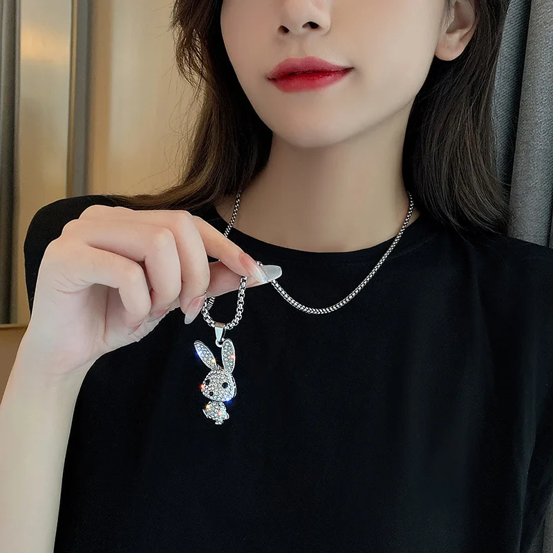 New Stainless Steel Rabbit Pendant Necklace Exquisite Shiny Full Rhinestones Animal Charm for Women Trend Party Jewelry