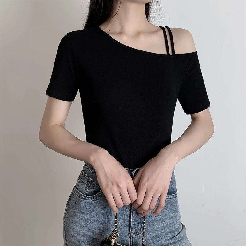 

Женская футболка с открытыми плечами и коротким рукавом, подчеркивающая ключицы, для повседневной носки, из хлопка, с эффектом похудения, дизайнерская модель.