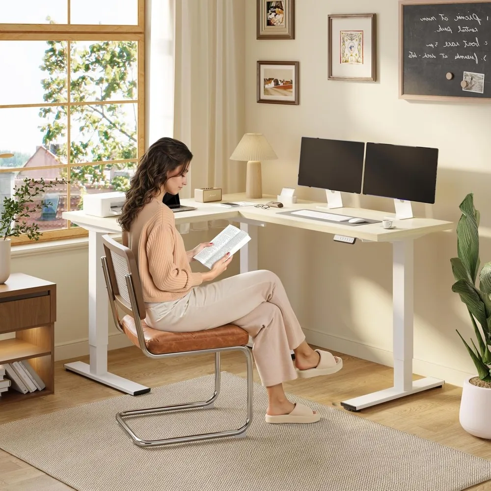 مكتب قائم كهربائي مريح على شكل حرف L، مكتب بارتفاع قابل للتعديل 63 بوصة مع درج تخزين، مكتب زاوية للاستخدام في حامل الجلوس