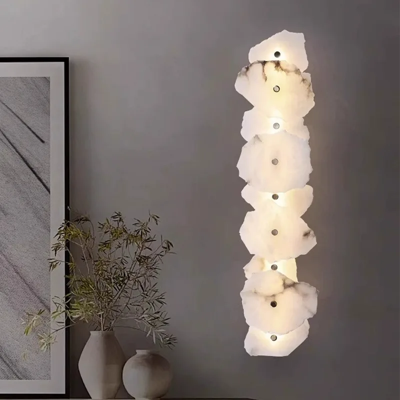 Customized 120cm Spanish Marble Wall Lamp with 13 Pieces of Stone and Brass Suitable for Living Room and Lobby Background Walls