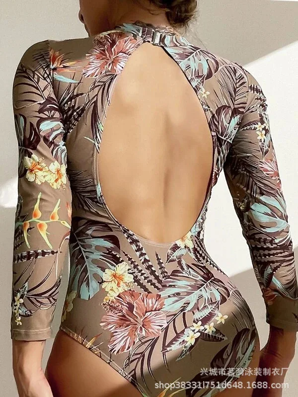 2026 New Women One‑Piece Long Sleeve Swimsuit UPF50+ Rash Guard Tropical Floral Print High‑Cut Surfing Bathing Suit Swimwear