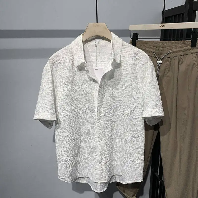 Fashion Lapel Solid Color All-match Short Sleeve Shirts Men\'s Clothing 2023 Summer New Oversized Casual Tops Korean Shirt