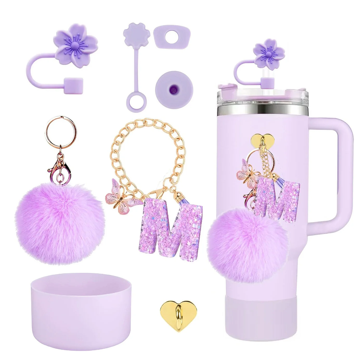 8pcs Cup Accessories Set for Stanley Cup 30 40oz Tumbler Flower Straw Cover Topper Cap Letter Charms Silicone Boot Spill Stopper