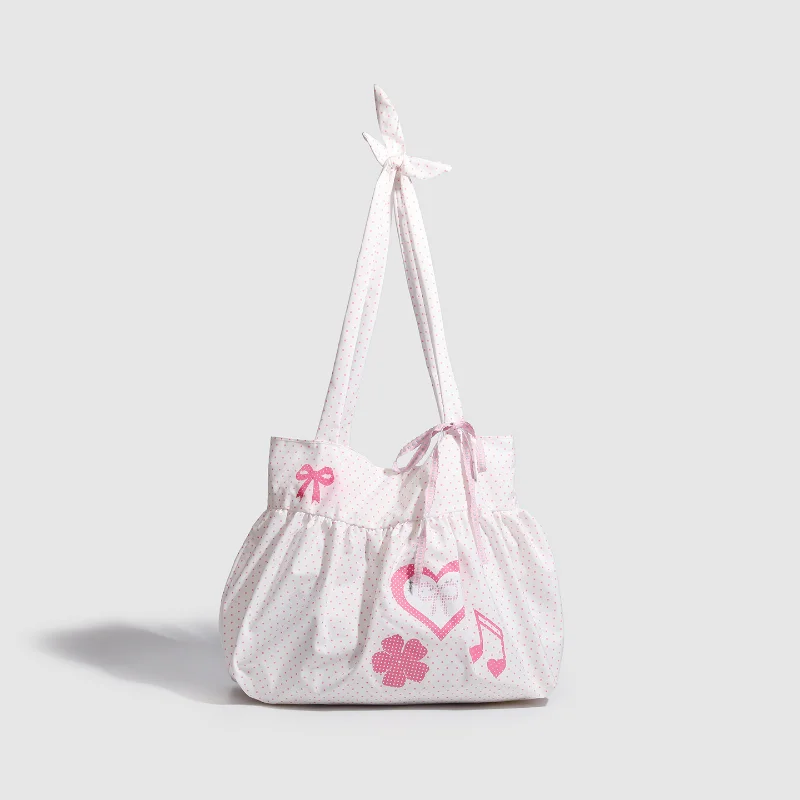 Koreanische Polka Dot Umhängetasche Damen Nylon Einkaufstasche Niedliche Schleife Love Note Bedruckte Einkaufstasche Rock Design Magnetschnalle Achseltasche – Detail 21