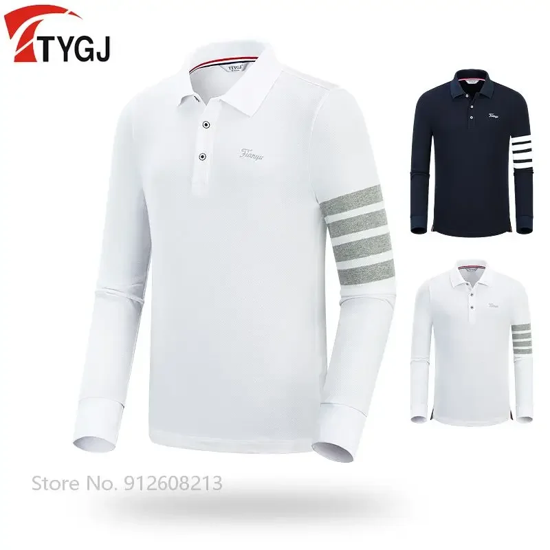 TTYGJ Men Golf Shirt Stripe Breathable Golf T-shirt Male Casual Long-sleeved Polo Sports Jersey Cotton Lapel Tops Mens Clothing