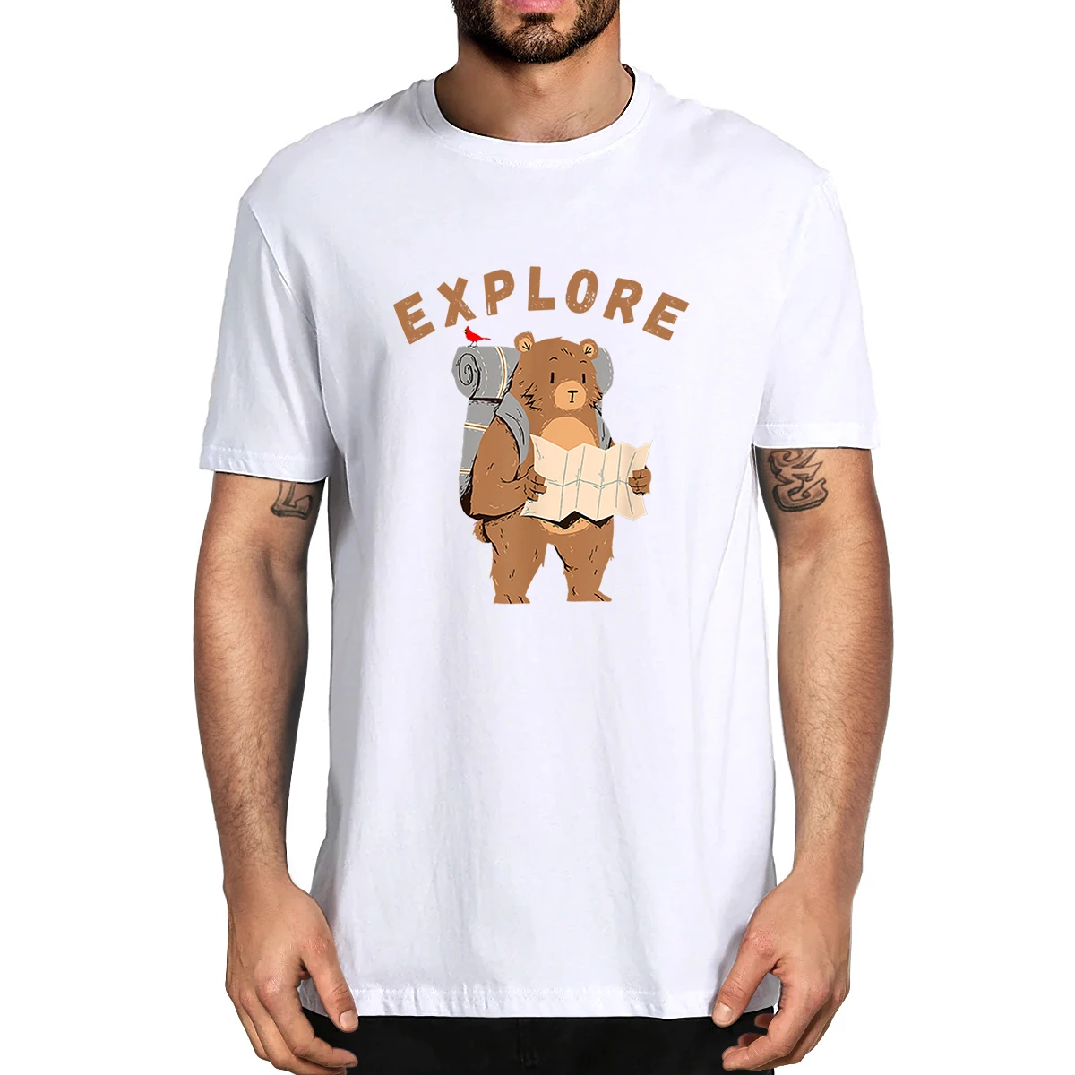 

100% Cotton Explorer Backpacking Hiking Bear With Map Summer Men's Novelty T-Shirt Women Casual Streetwear Oversized Tee EU Size