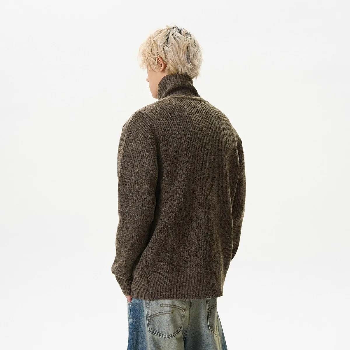 2025 autumn and winter new American retro solid color stand up collar knitted cardigan men's loose button sweater jacket