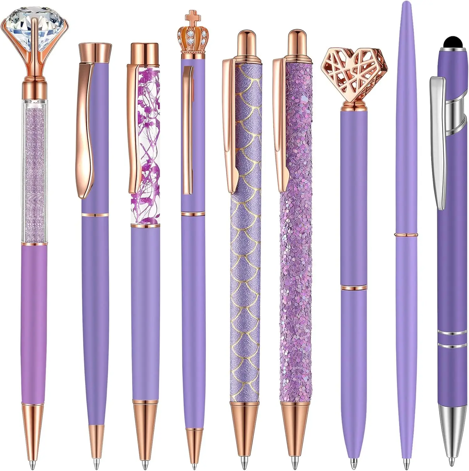 

9 Pcs Glitter Diamond Ballpoint Pens Set - Black Ink, Cute Stationery for Women, Journaling, Office, Home Desk (Purple)